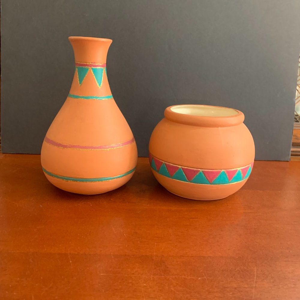 2 Hand crafted Hand Thrown clay Southwest Pottery vase & bowl set, Signed JBL